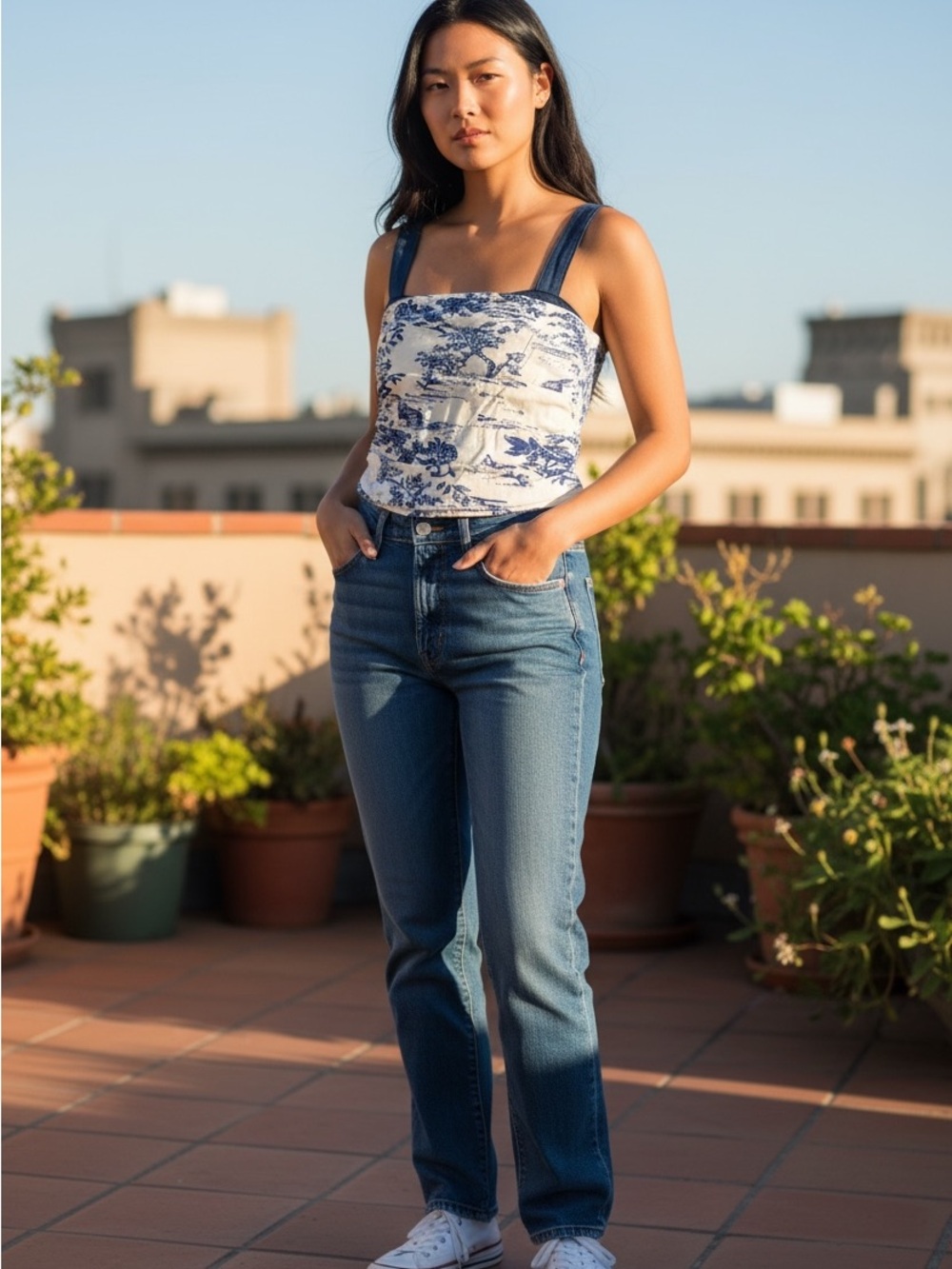 Free People Cream and Navy Toile Crop Top